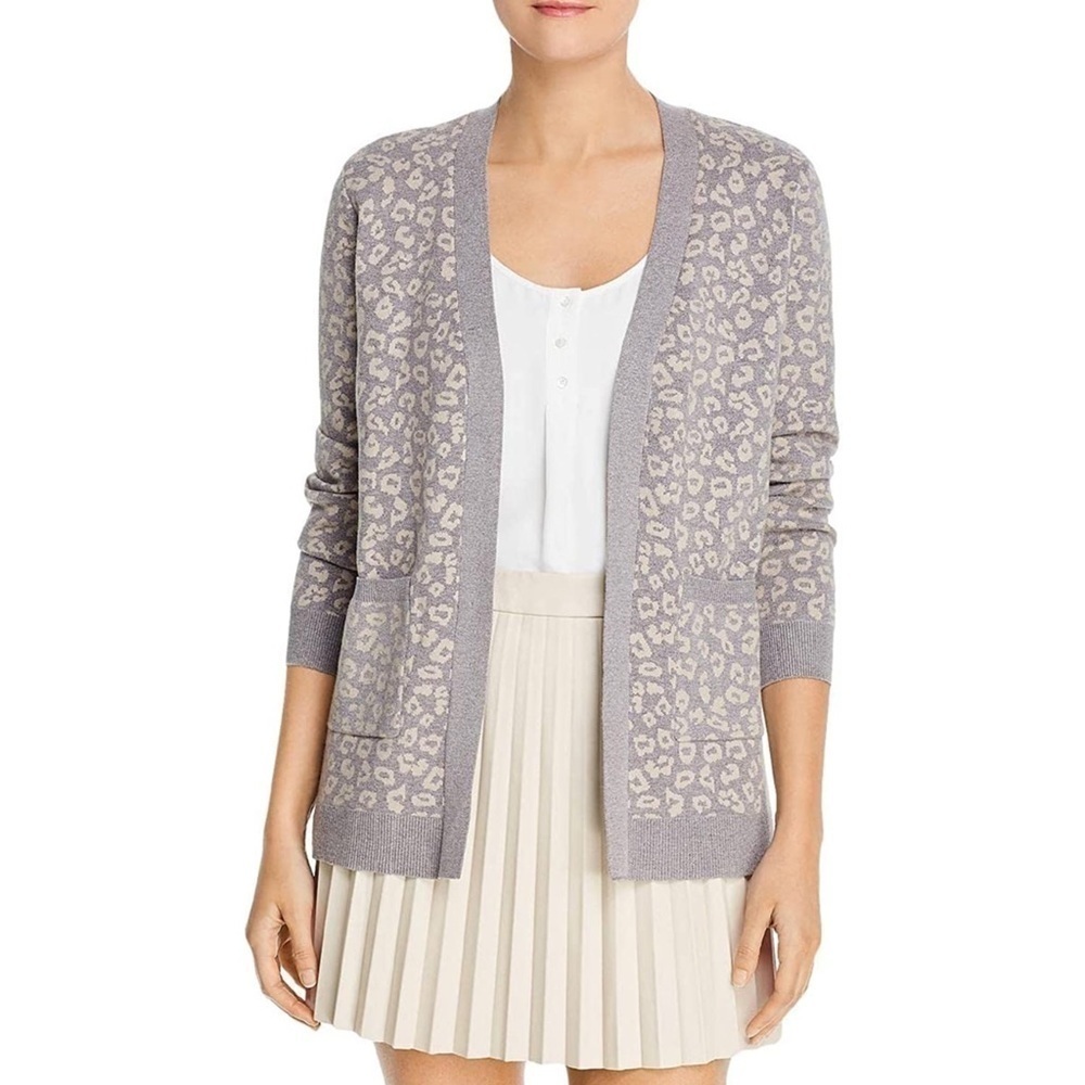Cupcakes & Cashmere Cheyenne Leopard Jacquard Cardigan Sweater Lightweight Grey